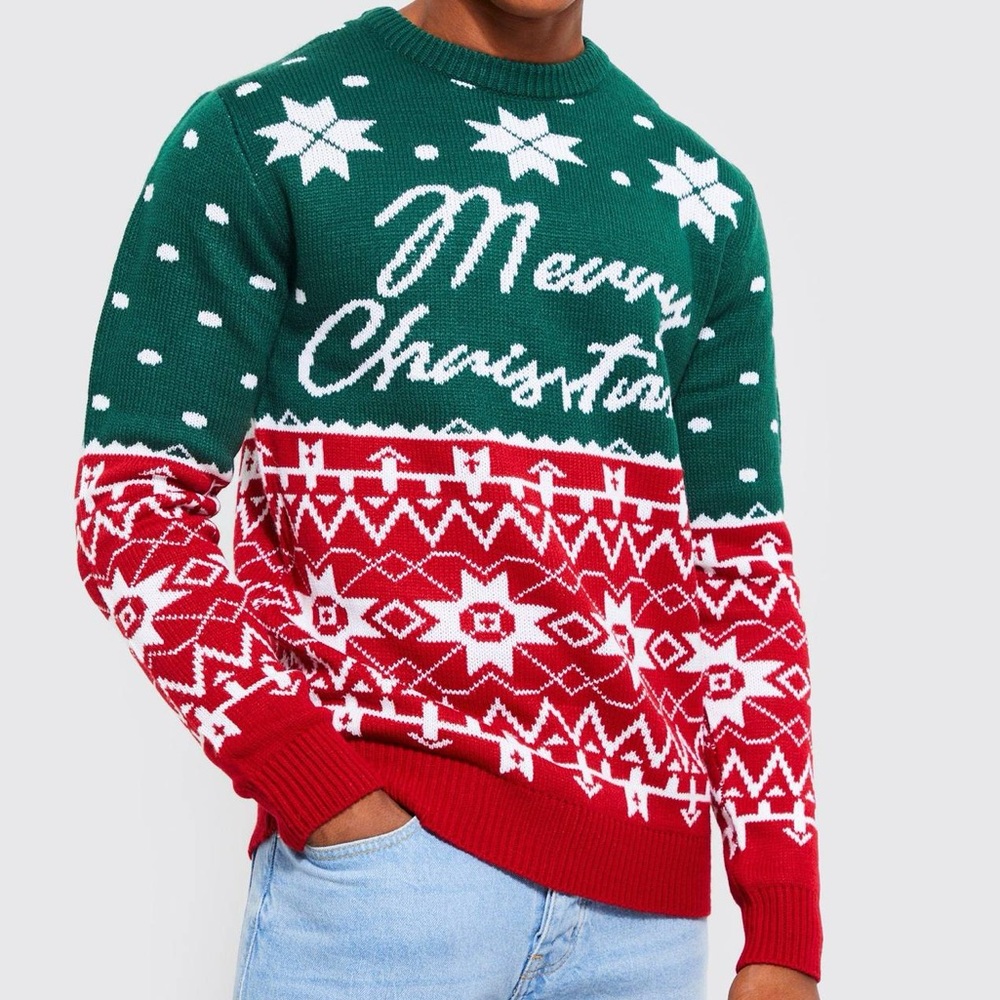Merry Christmas Colorblock Knit Sweater - Green & Red